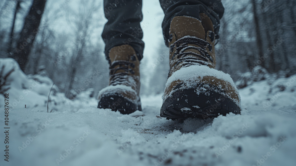 Walking through snowy landscape, boots crunching on fresh snow, evokes sense of adventure and tranquility in nature. winter scene captures beauty of serene, snowy path Walking through snowy landscape, boots crunching on fresh snow, evokes sense of adventure and tranquility in nature. winter scene captures beauty of serene, snowy path