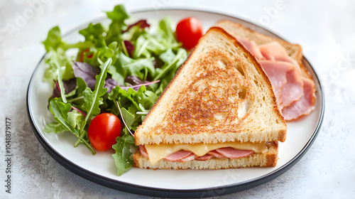 A Gourmet Ham and Cheese Toastie Served on a Plate with a Fresh Salad and Artisan Bread for a Healthy Delight