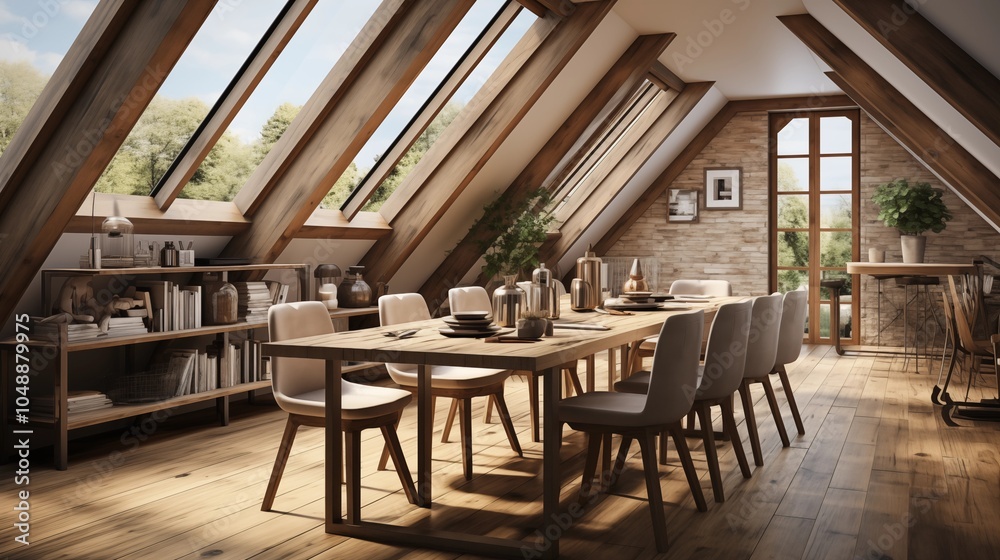 Fototapeta premium Scandinavian dining room in an attic featuring a wooden table and chairs with beams, creating a warm and rustic atmosphere.