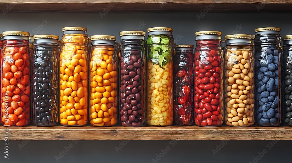 A row of glass jars filled with different types of beans and legumes on a wooden shelf.