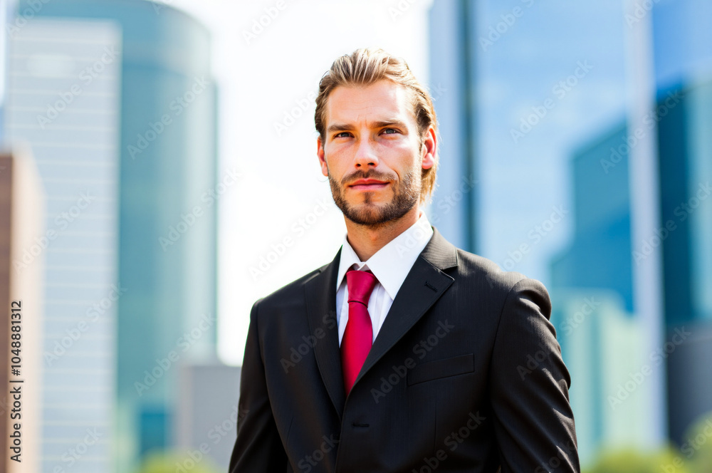 Businessman standing with corporate buildings in background Businessman standing with corporate buildings in background