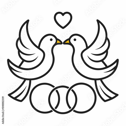 Wedding Doves with rings line art vector illustration