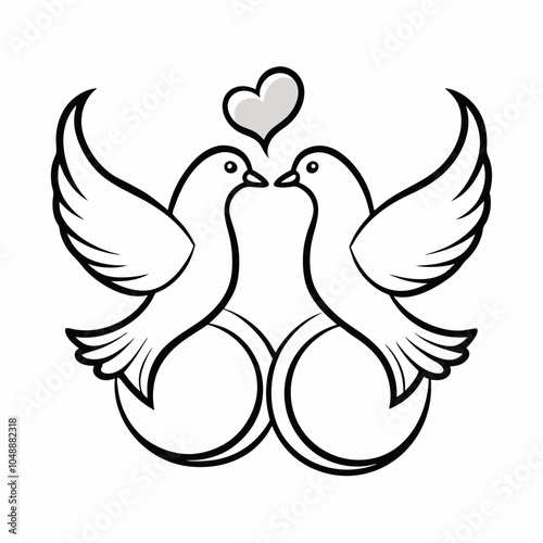 Wedding Doves with rings line art vector illustration