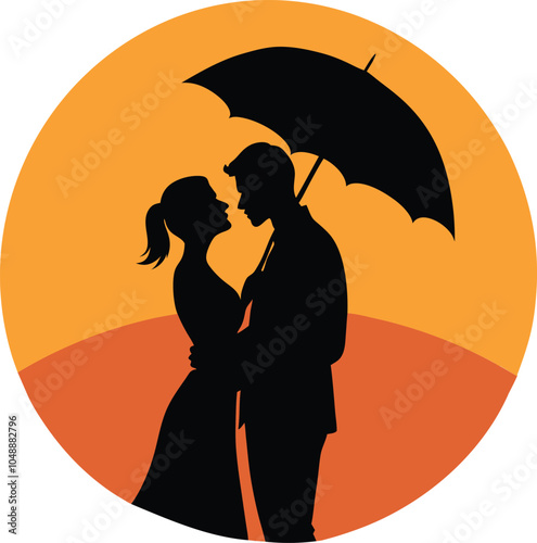 Loving young couple in love under umbrella in the sunset