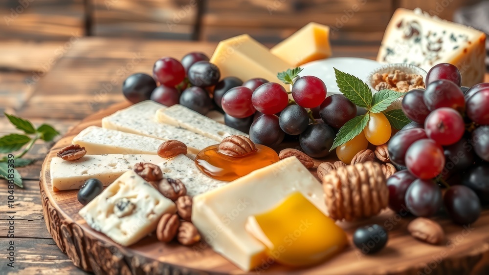 Assorted cheese platter with grapes, nuts, and honey, rustic wood background Assorted cheese platter with grapes, nuts, and honey, rustic wood background