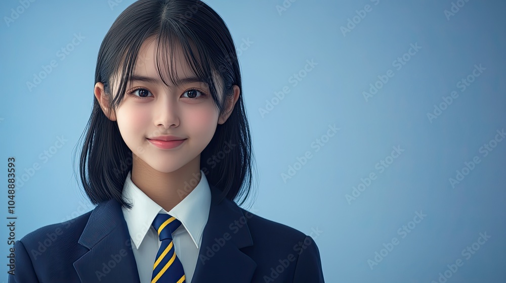 Profile portrait for school of a 15 years old Chinese girl, smiling, posing against blue background, dressed in formal suit