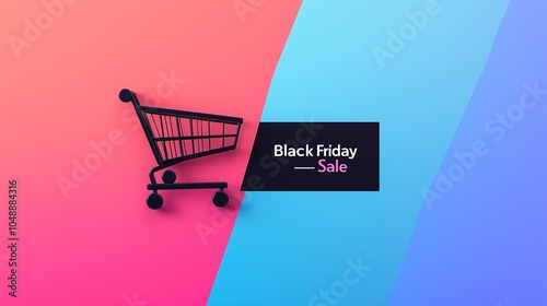 shopping cart with Black Friday Sale Text elegantly scripted above, set against a vibrant background, Minimalist design photo