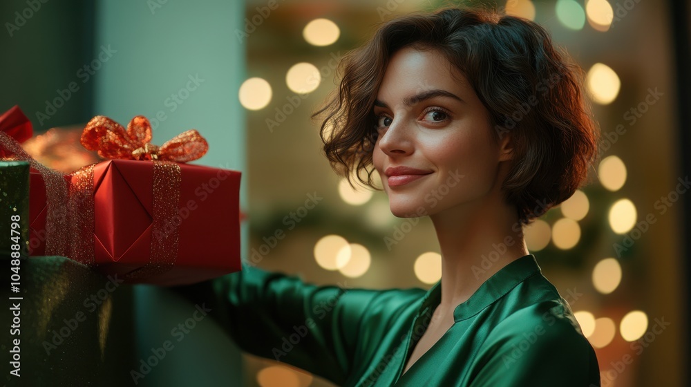 Half body shot of a French woman with short brown hair, wearing a green silk blouse, pointing to a festive display of Christmas gifts in a corporate office setting, copy space, holiday business ads Half body shot of a French woman with short brown hair, wearing a green silk blouse, pointing to a festive display of Christmas gifts in a corporate office setting, copy space, holiday business ads