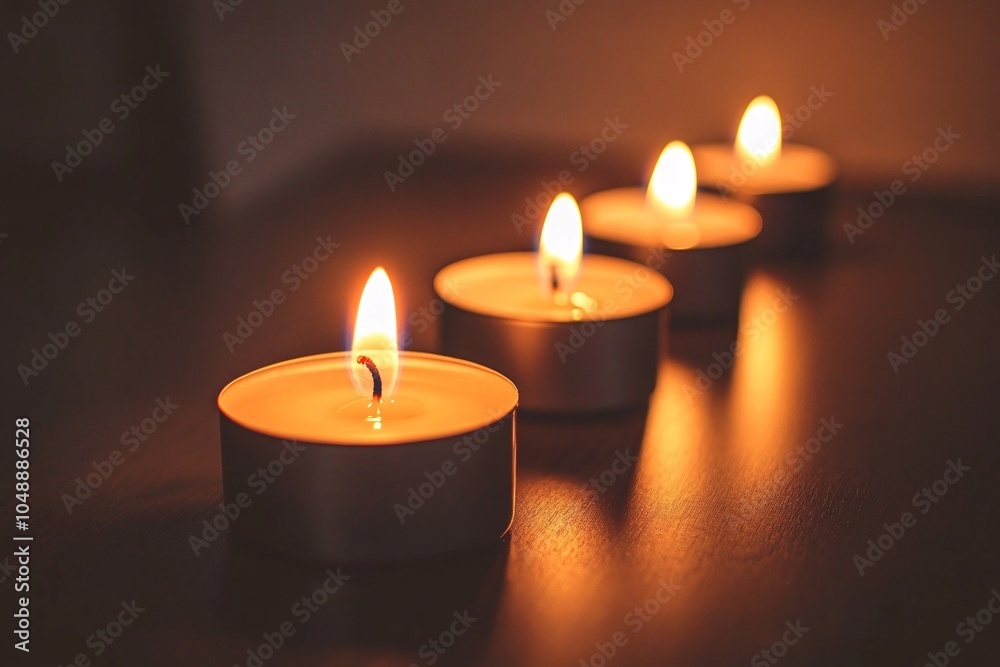 Four Burning Tea Lights on Wooden Table Warm Glow Candlelight Romantic Atmosphere Four Burning Tea Lights on Wooden Table Warm Glow Candlelight Romantic Atmosphere