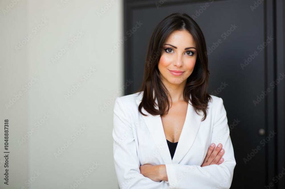 Confident businesswoman smiling with arms crossed in office Confident businesswoman smiling with arms crossed in office