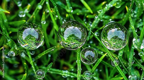 Macro view of fresh dew on grass capturing each droplet's clarity and natural reflections in sharp detail
