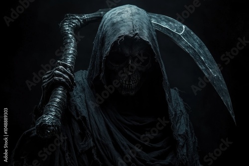 Grim reaper holding scythe on dark background