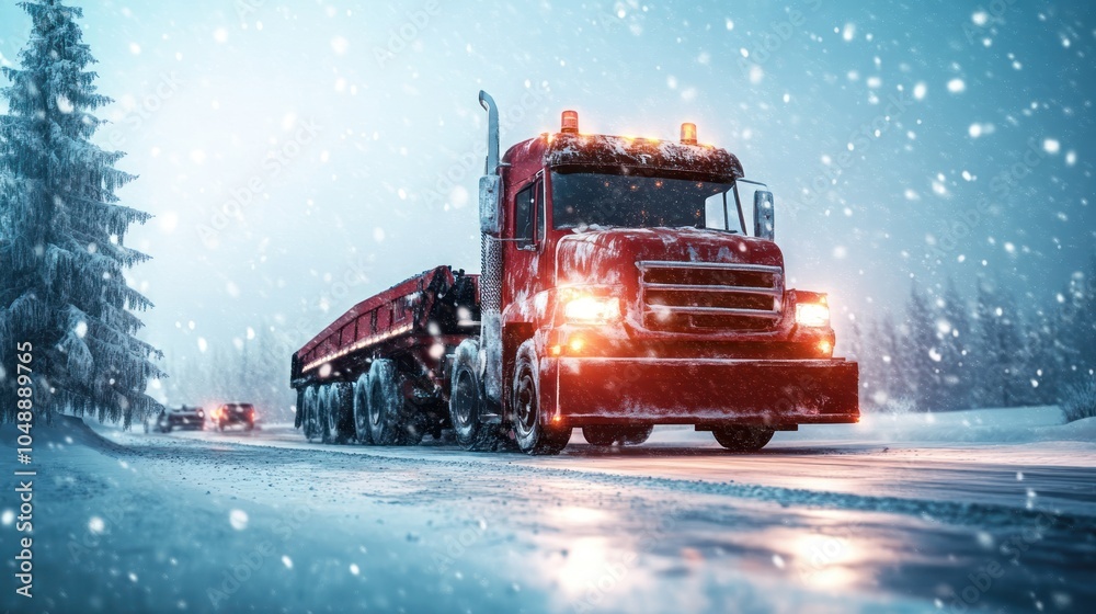 Red Semi-Truck Driving on Snowy Road in Winter Red Semi-Truck Driving on Snowy Road in Winter