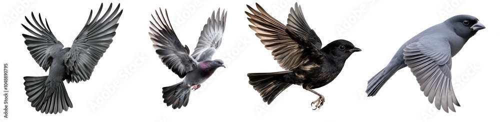 Fototapeta premium Black flying bird set isolated Png, transparent without background.