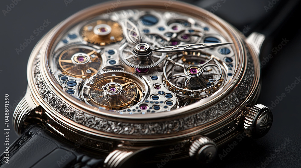 This captivating top view image reveals the inner workings of a watch, showcasing a complex arrangement of intricate silver cogs within the watch face. Generative AI This captivating top view image reveals the inner workings of a watch, showcasing a complex arrangement of intricate silver cogs within the watch face. Generative AI