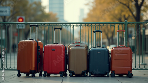 An Organized Scene of Neatly Packaged Luggage Behind a Decorative Fence Obstacle, Suggesting the Thrill of Travel and Adventure Surrounded by Lively and Vibrant Surroundings