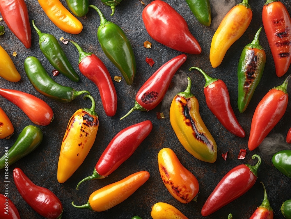 Close-up of red chili peppers with chili flakes on a dark surface, AI generated Close-up of red chili peppers with chili flakes on a dark surface, AI generated