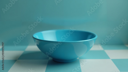 A Bright Blue Bowl Positioned on a Checkered Floor, Contrasting Colors Highlight the Simplicity and Elegance Inviting Warmth at Home