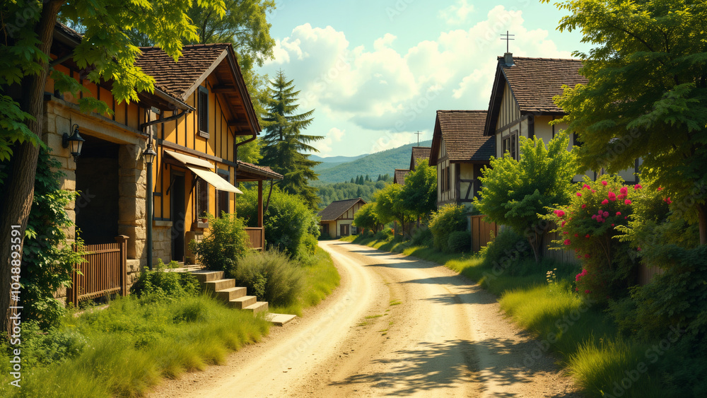 A Scenic Dirt Road Meandering Near Charming Buildings, Offering a Picturesque View of Nature and Architectural Beauty A Scenic Dirt Road Meandering Near Charming Buildings, Offering a Picturesque View of Nature and Architectural Beauty