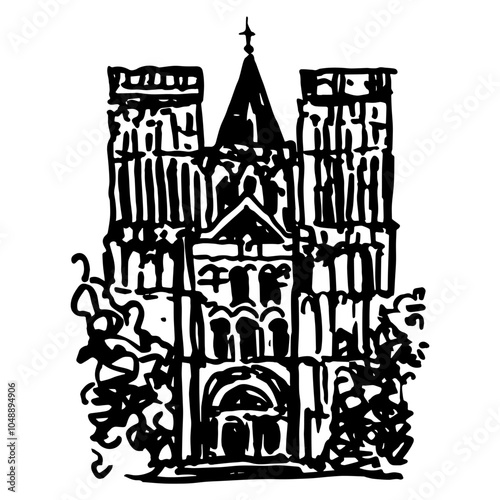 Facade of the Abbey of Sainte-Trinité, Caen, France. Abbaye aux Dames church. Gothic architecture. Hand drawn linear doodle rough sketch. Black and white silhouette.