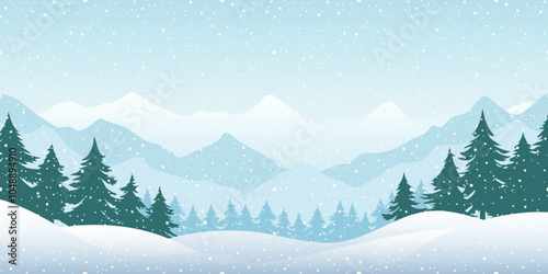 Winter landscape, mountains with forest in the fog, snowdrifts and snowfall, vector illustration