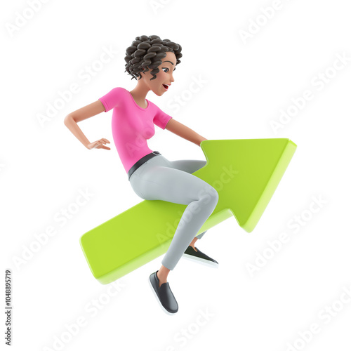 3d beautiful woman riding green arrow up