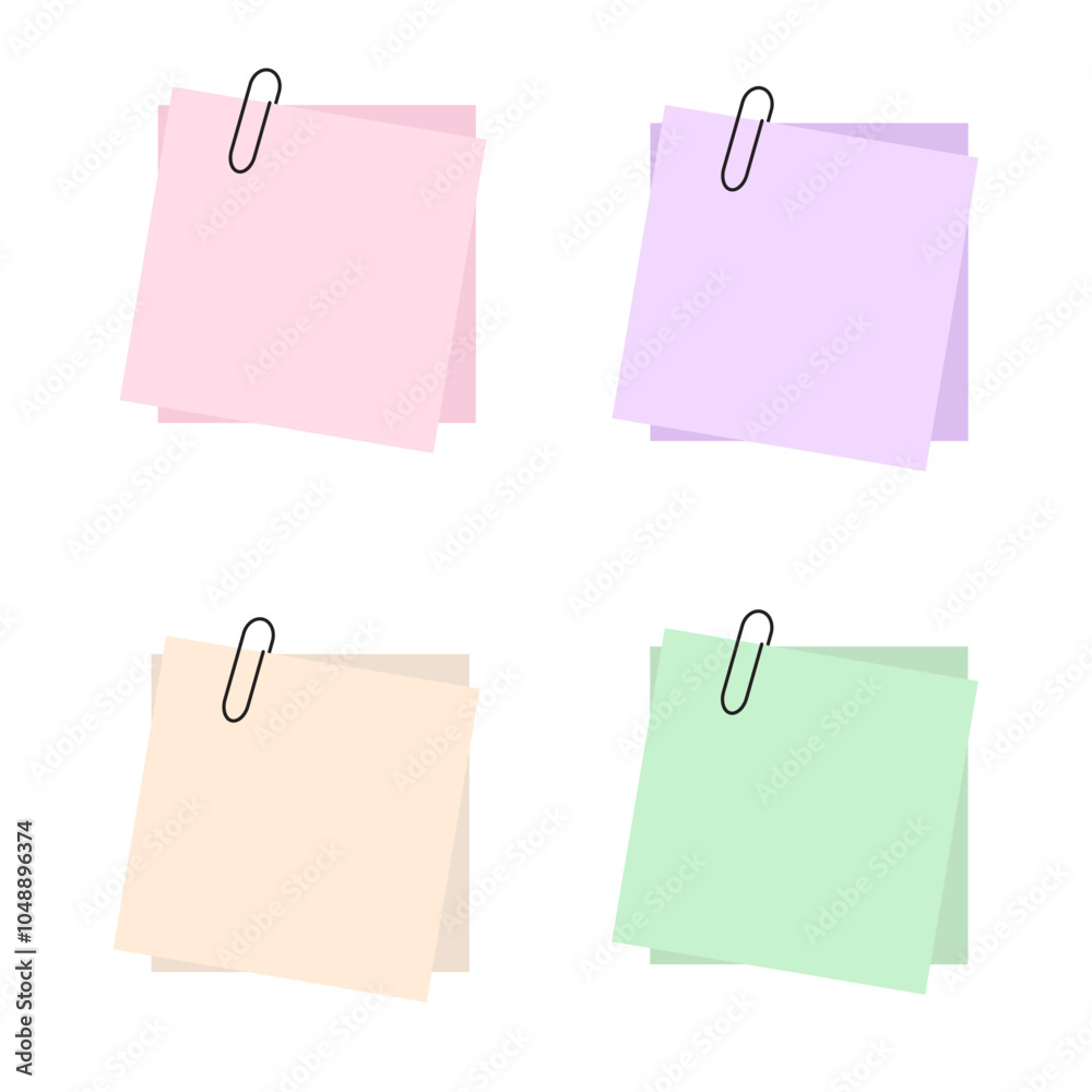 Note Paper vector on white background. Post it and paper clip.