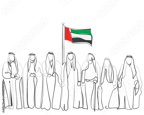 Hand drawn line art vector of Arab men. United Arab emirates. Arab united under one flag