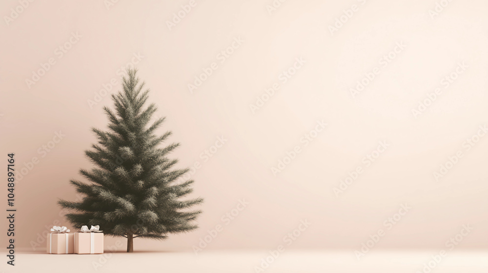 Christmas tree and gift on a light brown background,space to text Christmas tree and gift on a light brown background,space to text