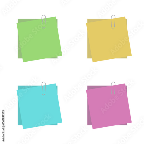 Note Paper vector on white background. Post it and paper clip.