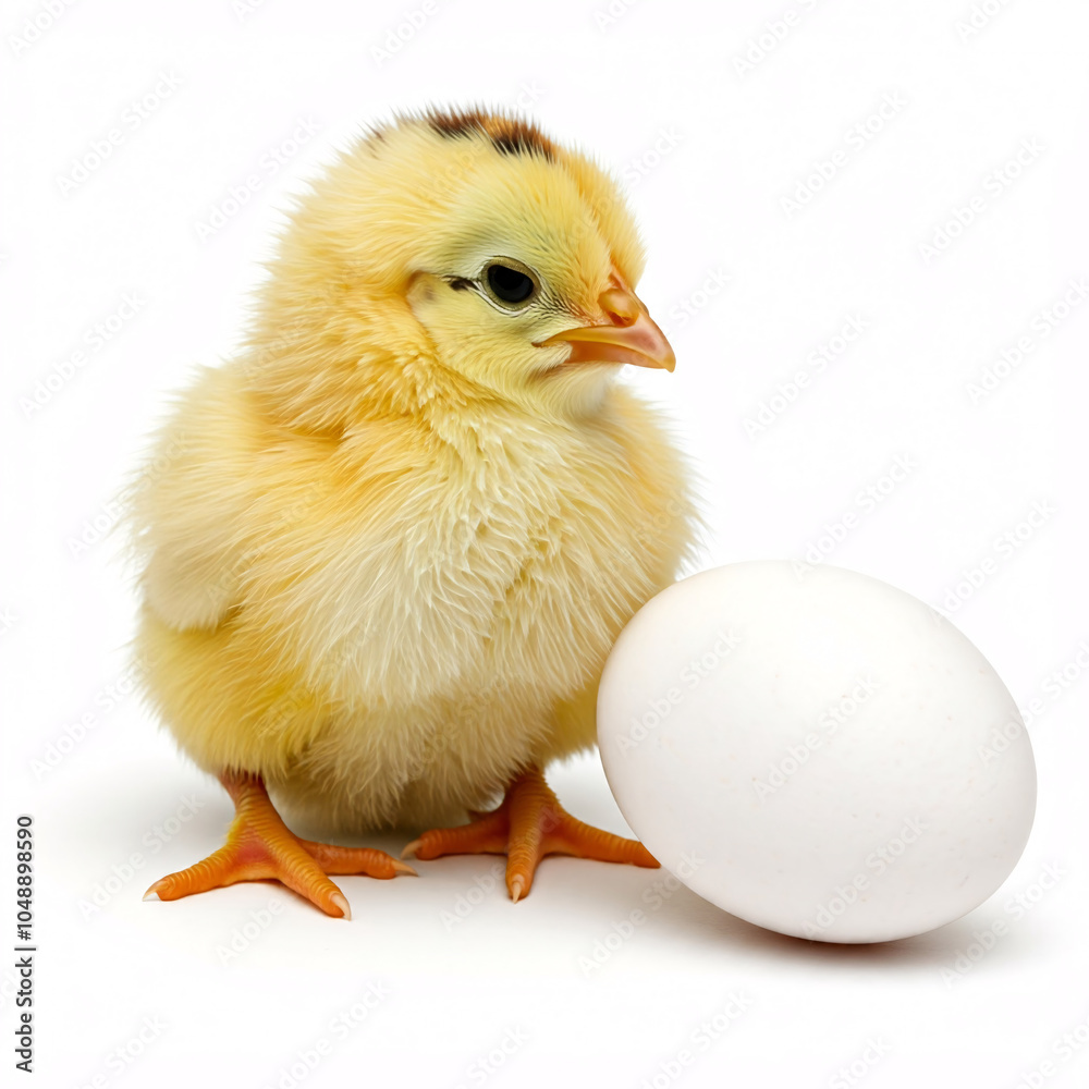 Fototapeta premium cute yellow chickling next to white egg on white background