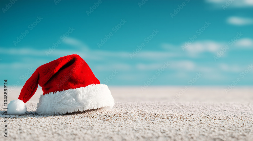 Santa hat on sandy beach under blue sky Santa hat on sandy beach under blue sky