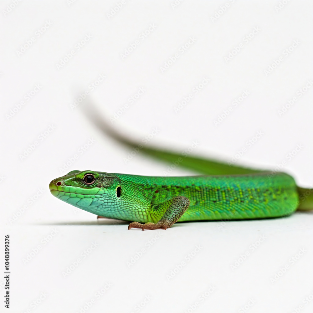 Fototapeta premium green lizard looking at camera on white background