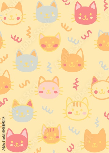 cats seamless pattern with cream. Fun colorful line doodle seamless pattern. Creative minimalist style art background for children or trendy design with basic shapes. Simple childish scribble backdrop