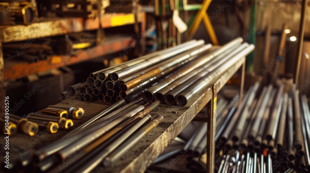 A Collection of Metal Pipes and Tubes in a Workshop A Collection of Metal Pipes and Tubes in a Workshop
