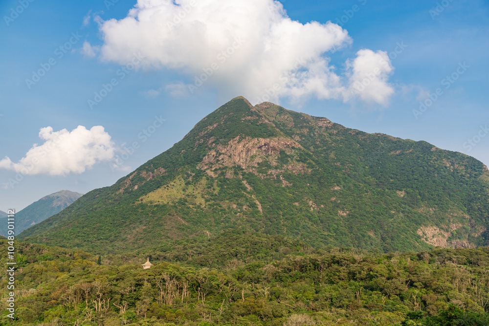 View from Tian Tan Buddha top of a hill. Mountains Nei Lak Shan near Po Lin Monastery