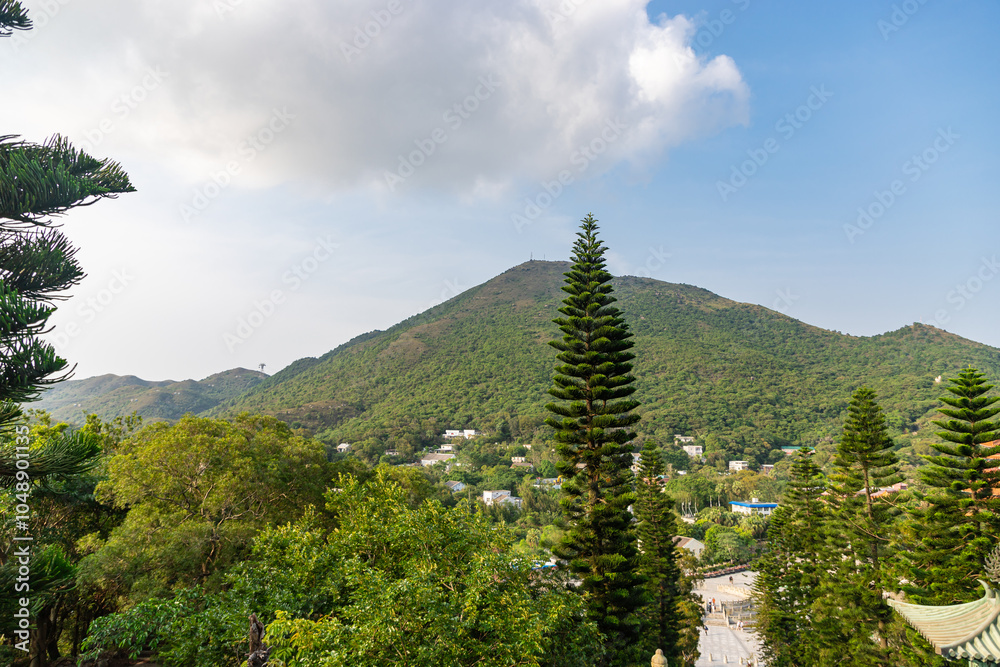 View from Tian Tan Buddha top of a hill. Mountains Nei Lak Shan near Po Lin Monastery