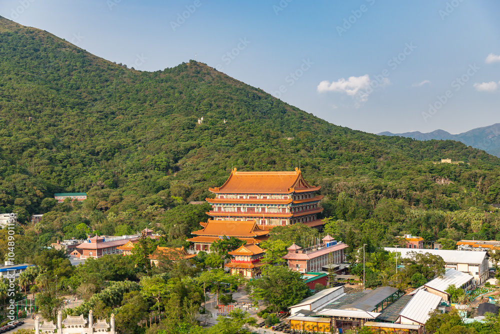 View from Tian Tan Buddha top of a hill. Mountains Nei Lak Shan near Po Lin Monastery