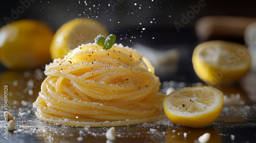 A close-up shot of a plate of spaghettini, glistening with olive oil and tossed with finely minced garlic and lemon zest. photo