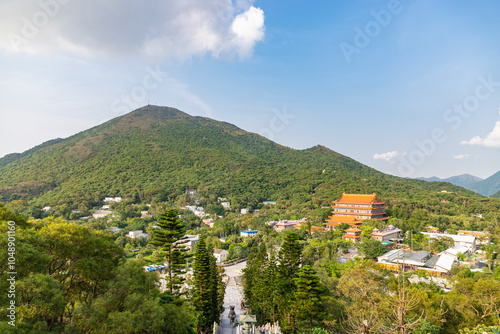 View from Tian Tan Buddha top of a hill. Mountains Nei Lak Shan near Po Lin Monastery