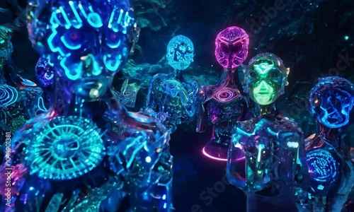  medium shot of surreal inhabitants of the parallel universe. The camera dollies in to show their interactions and unique features.