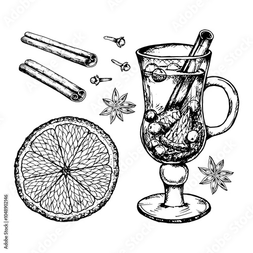 Vector ink hand drawn clipart of hot winter drink in glass cup: punch, mulled wine, tea with citrus, cinnamon sticks, star anise and cloves. Perfect for Christmas holiday print, pastry shop, cafe menu