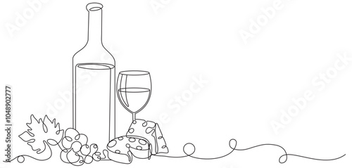 continuous line drawing of a bottle of wine with two glasses, grapes and cake