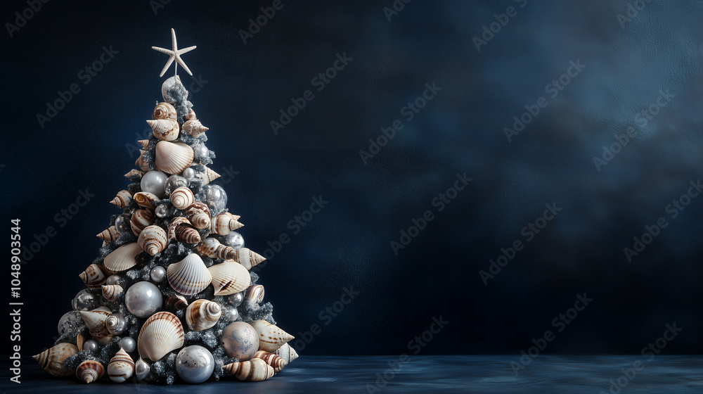 Obraz premium Summer Christmas tree made of white seashells and starfish on blue background with minimalist holiday beach decor