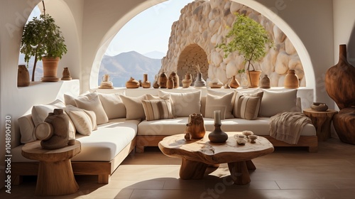 Mediterranean-inspired room with white stucco walls, rustic sofa, and a simple coffee table for a cozy, earthy feel.