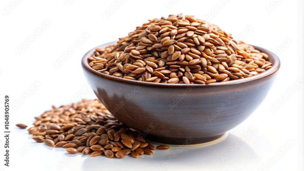 Unpeeled linseeds in white bowl isolated on white background Unpeeled linseeds in white bowl isolated on white background