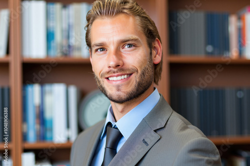 Portrait of smiling businessman standing in a library