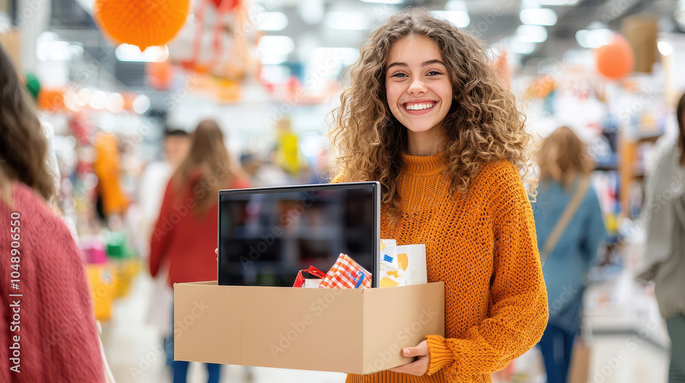 Happy young woman with curly hair holding a shopping box with gifts and a tablet in a colorful store environment Happy young woman with curly hair holding a shopping box with gifts and a tablet in a colorful store environment