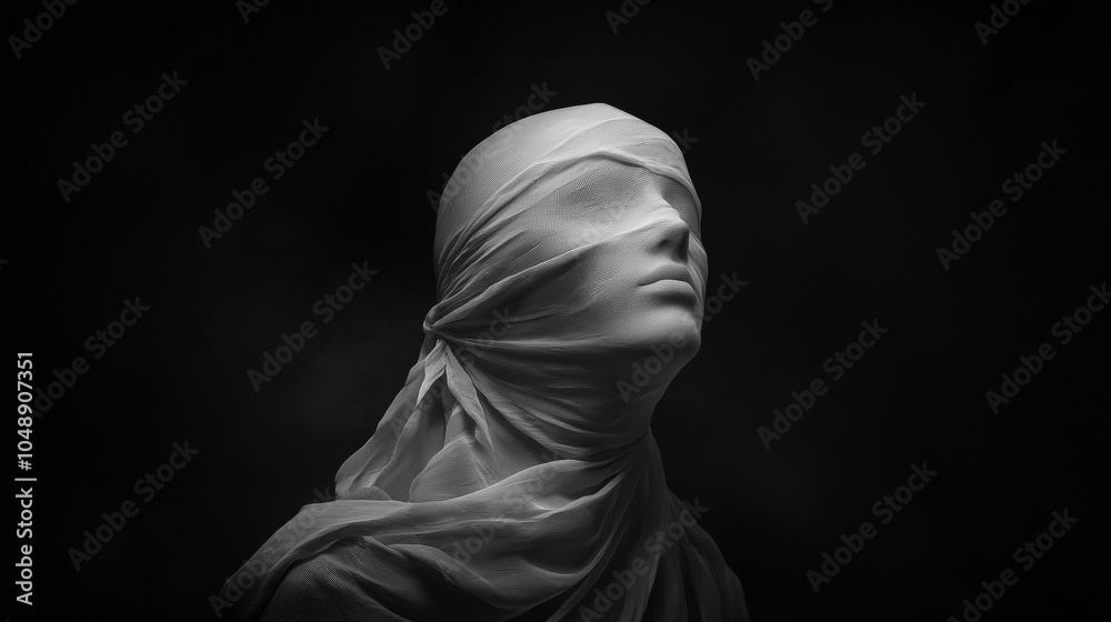 In a shadowed, dark space, the ethereal face of a ghostly, white-veiled woman emerges from the darkness, blindfolded with a white cloth, her figure partially illuminate Generative AId from above. In a shadowed, dark space, the ethereal face of a ghostly, white-veiled woman emerges from the darkness, blindfolded with a white cloth, her figure partially illuminate Generative AId from above.