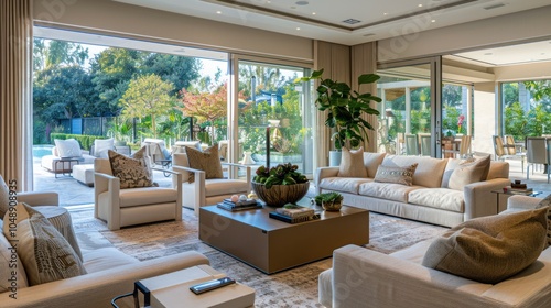 Modern Living Room with White Couches and a View of a Backyard Pool